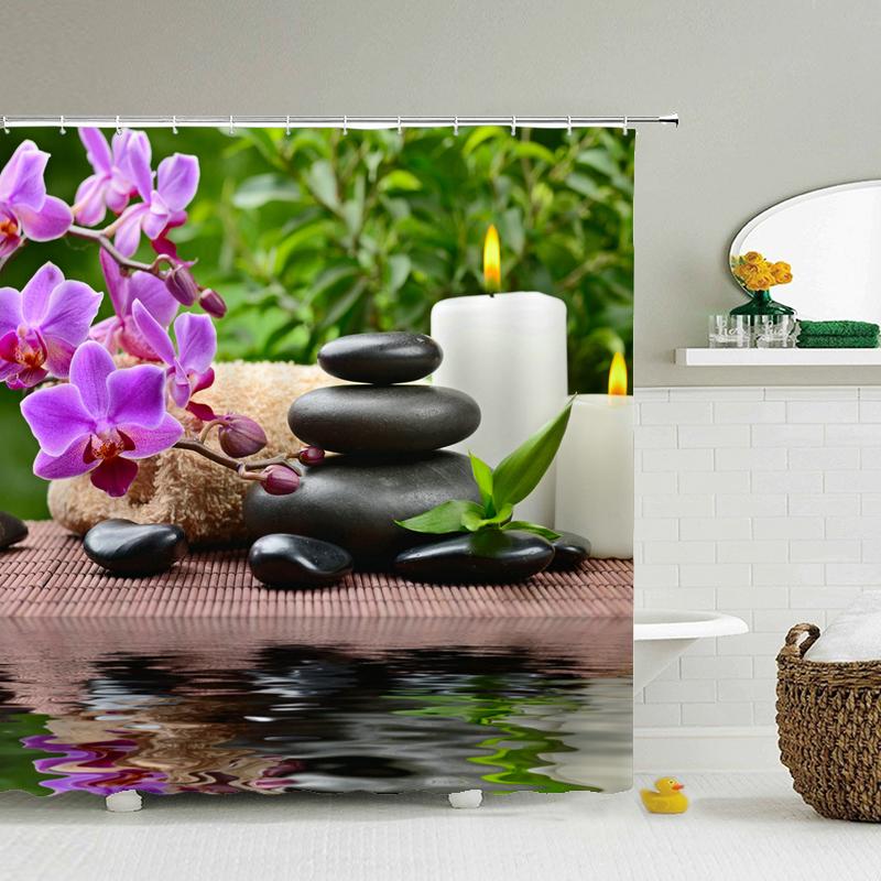 Flower Landscape Lavender Shower Curtains Bathroom Decor Bath Purple Curtains Waterproof Polyester Fabric 12 Hooks Set Mat W60H190(CM)-1 Pcs