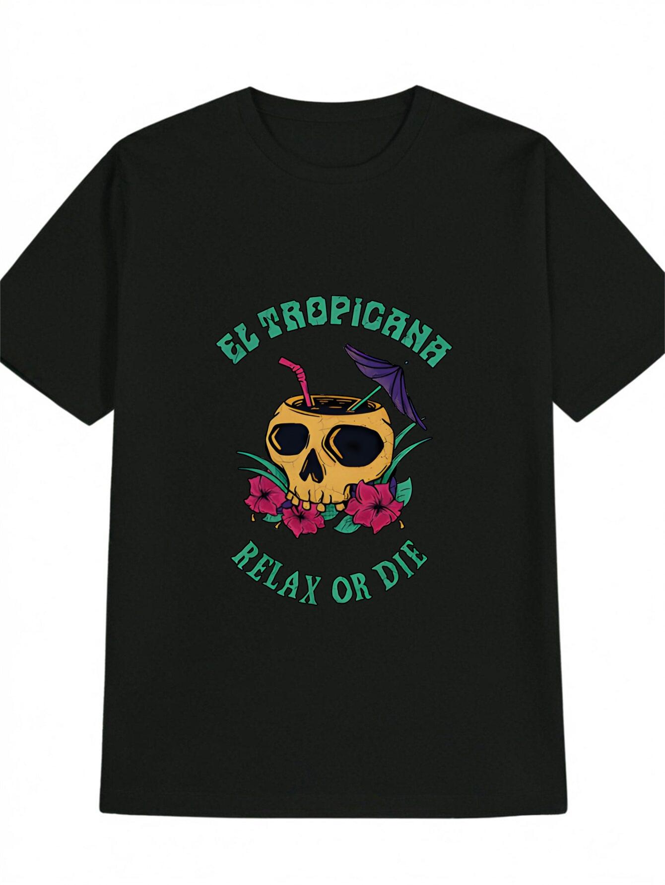 

Casual Short Sleeve T-shirt - Black Tropical Skull & Cocktail Graphic Print with EL TROPICANA RELAX OR DIE Text XXL