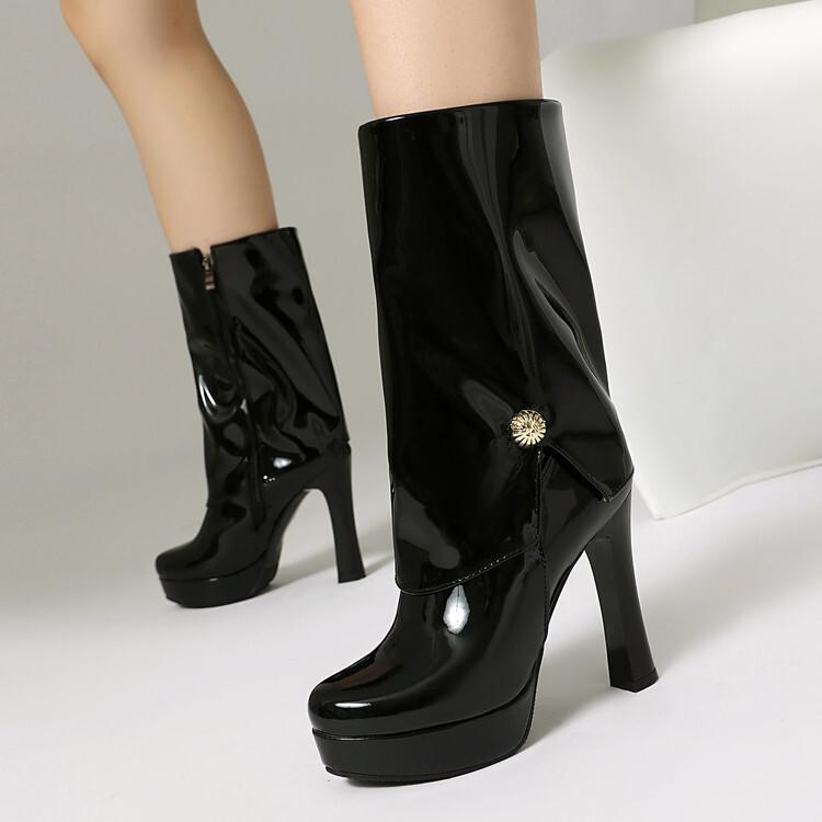 European and American Autumn and Winter  Boots Patent Leather Waterproof Table High Heel