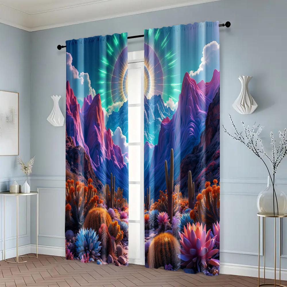2pcs   Window Curtain  print Psychedelic Mountain Durable 100% Polyester Fabric (without rod) Holiday Use for Bedroom   Living