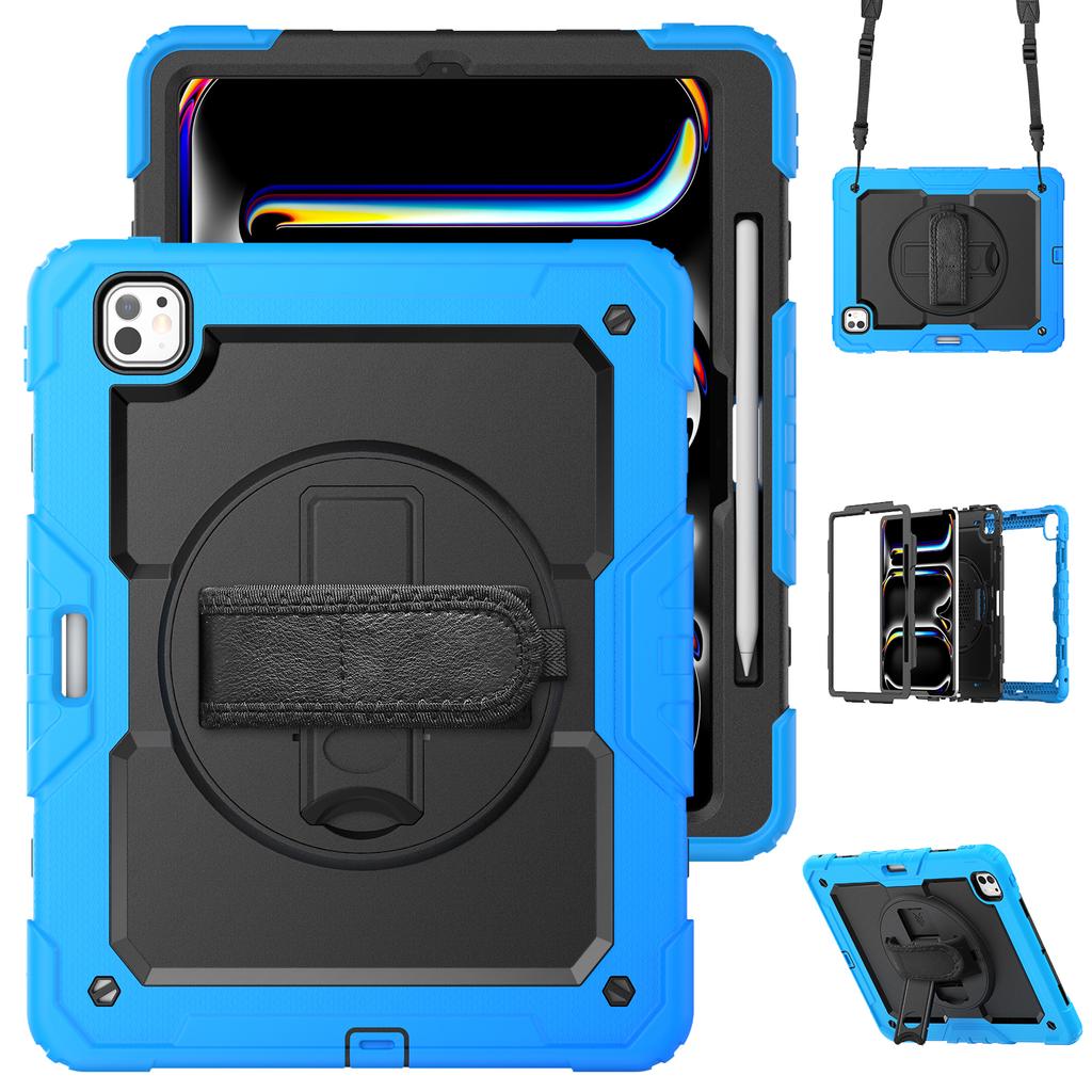 For iPad Pro 13 (2024) Kickstand Case PC+Silicone Tablet Cover with Screen Film/Shoulder Strap