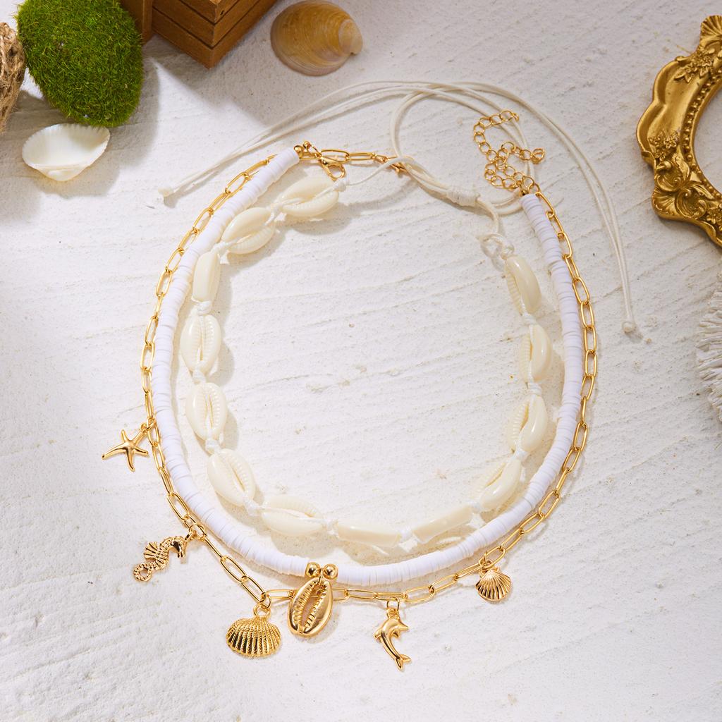 Boho Starfish Shell Rice Beads Clavicle Necklace for Women Luxury Imitation Pearl Conch Sun Layered Chain Party Jewelry Gift