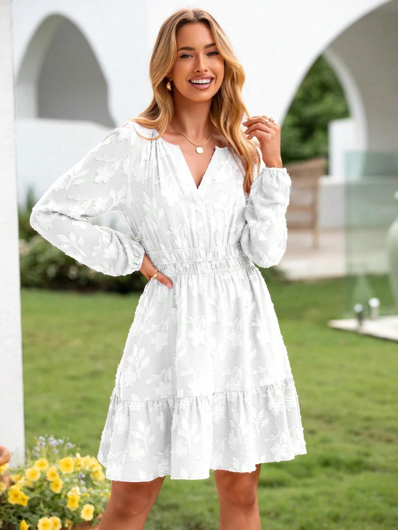 

Women V Neck Long Sleeve Floral Print Tiered Midi Dress Casual Elegant Swing Dress XL білий