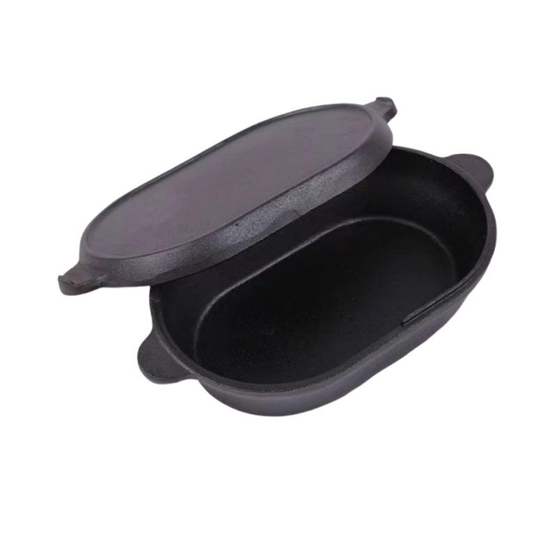 Oval Cast Iron Bread Baking and Stewing Pot - Multi-Functional, Dual-Use for Frying and Baking, Household Thickened Design.