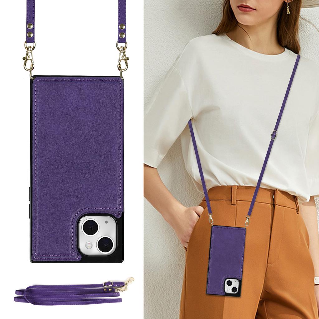 For iPhone 15 RFID Blocking Card Holder Back Cover Kickstand Phone Case with Shoulder Strap
