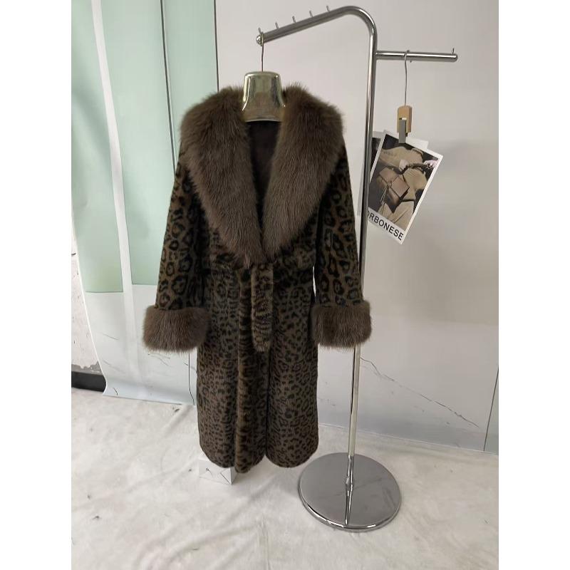 Winter Leopard Print Imitation Mink Jacket Temperament Winter Fashion Extended Shawl Fur Collar Coat Women
