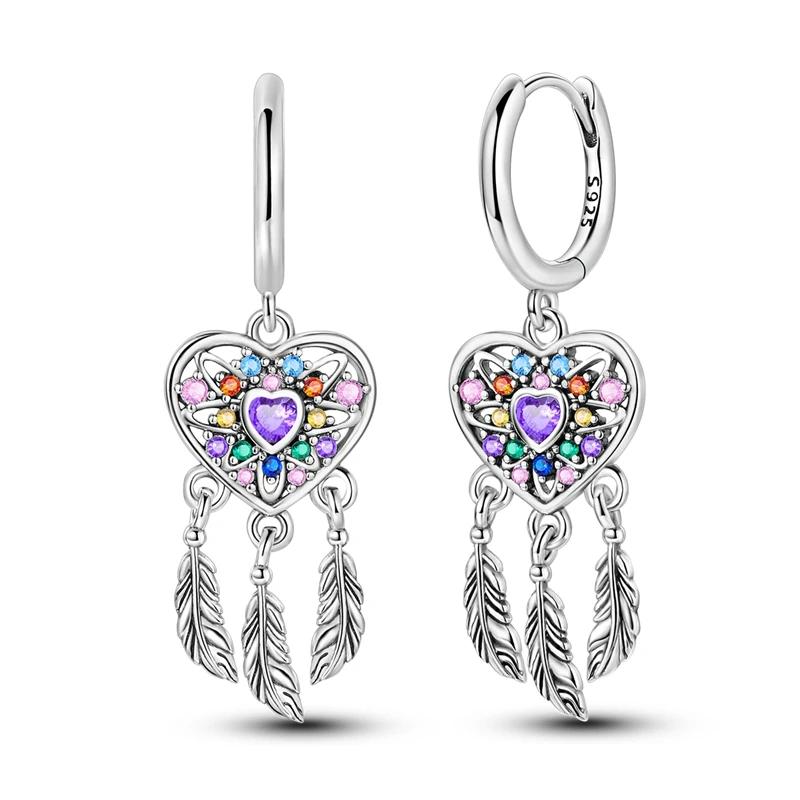925 Sterling Silver Purple Series Feather Butterfly Dream Catcher Firefly Zircon Earrings for Women Luxury Jewelry Wedding Gift