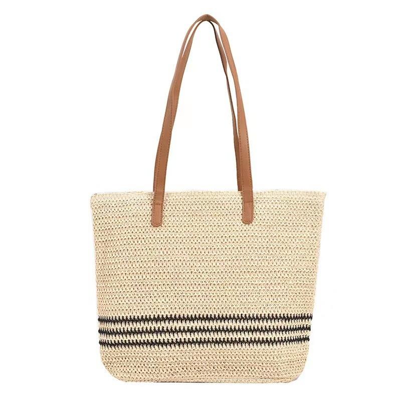 Ielgy Straw Stripe Large Capacity Casual Tote Bag Summer Woven One Shoulder All-Match