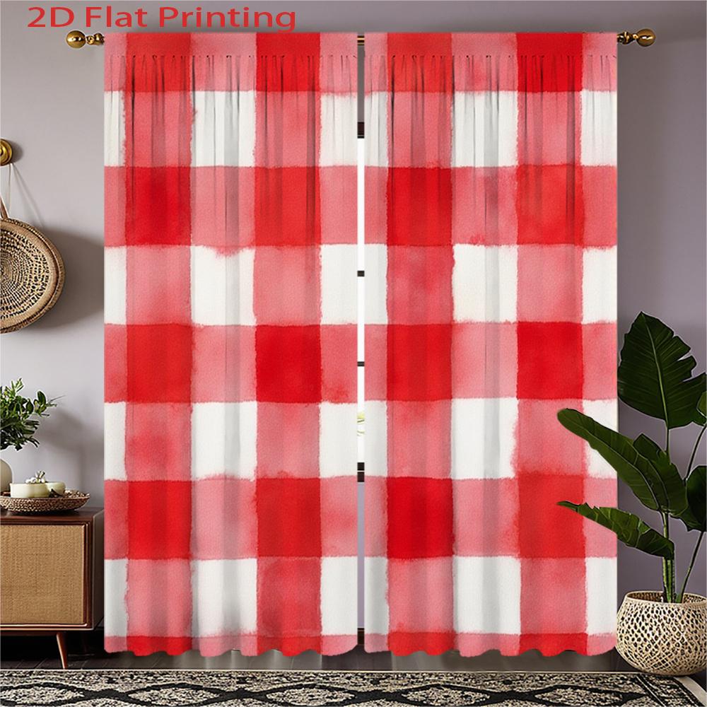 

Set Of 2 Flat Printing Curtains Red White Checkered Pattern Watercolor Style Home Decor Polyester Fabric Made W100*H70(CM)-Hooks&2PCS