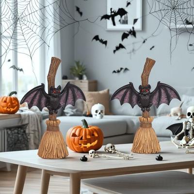Dark Atmosphere Ornament Spooky Halloween Broom Bat Figurine With Eyes Handmade Resin Bat Decoration For Indoor Outdoor Home