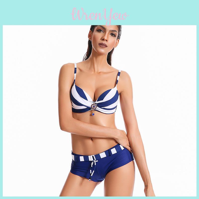 Premium Quality 2 Pcs Summer Ladies Push Up Swimwear Stripe Bikini Set For Women