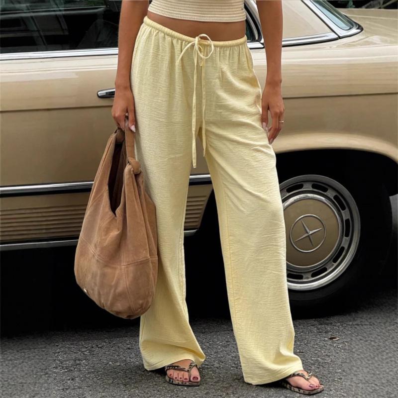 Women Elastic Drawstring High Waist Wide Leg Pants With Pockets Loose Fit Lightweight Casual Trousers For Summer
