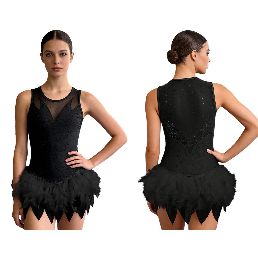 Leotardo de Ballet Tutú sin Mangas Brillante con Pedrería y Plumas Malla Cisne Danza sobre Hielo Gimnasia Rítmica Body Vestido para Mujer