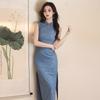 Blue sleeveless daily national style new Chinese style Suzhou long cheongsam improved young 1011 new women's high sense