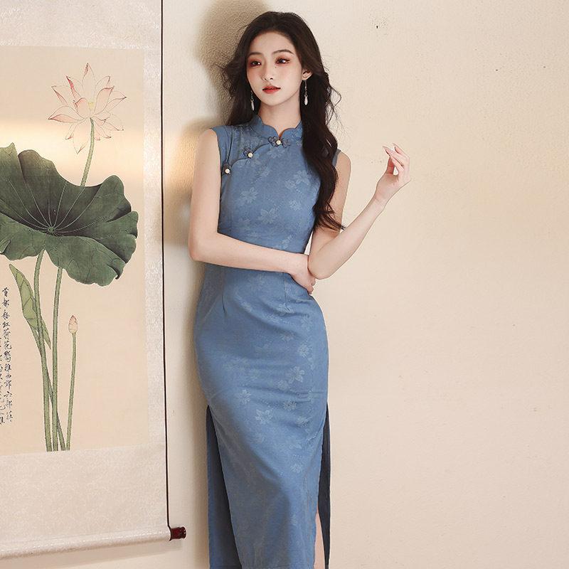 Blue sleeveless daily national style new Chinese style Suzhou long cheongsam improved young 1011 new women's high sense