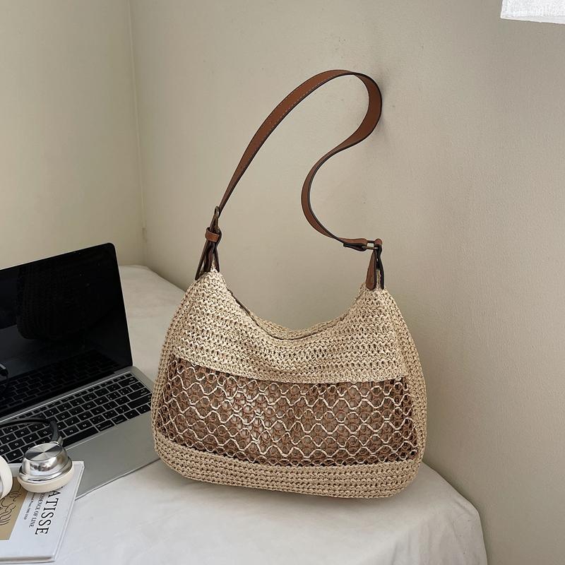 Crochet Mesh Shoulder Bag Women Summer Beach Tote With Leather Strap Natural Style Design