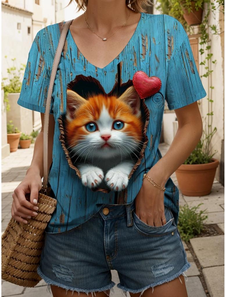 Damen T-Shirt Kawaii Tiergrafik Mode Kurzarm V-Ausschnitt Reguläre Oberteile Täglich bedrucktes T-Shirt Sommer Frühling lässige Oberteile