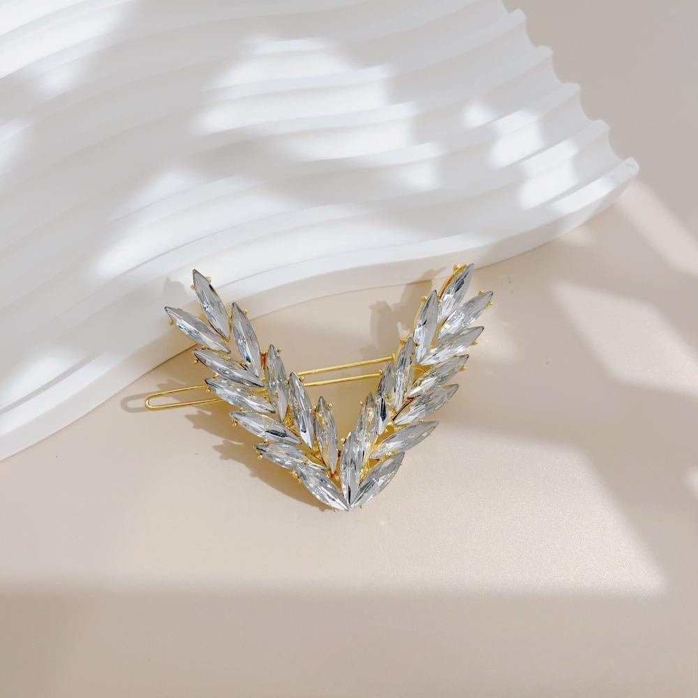 Lesní styl V-spona do vlasů s třpytivými diamanty a náhlavní páska s klipem ve tvaru pšeničného klasu, módní vlasový doplněk s rovnou sponou.