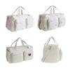 Neue Gepäcktasche Wickeltasche Niedliches Bären-Blumen-Stickmuster Tragetasche Beige Baumwollstoff Reißverschluss Wickel-Handtasche
