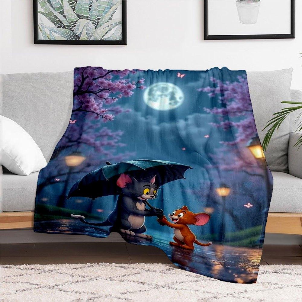 "Tom & Jerry Rainy Night Adventure Wall Art Print"Blanket Flannel Throw Blanket for Sofa, Bed, Travel, Camping, Office