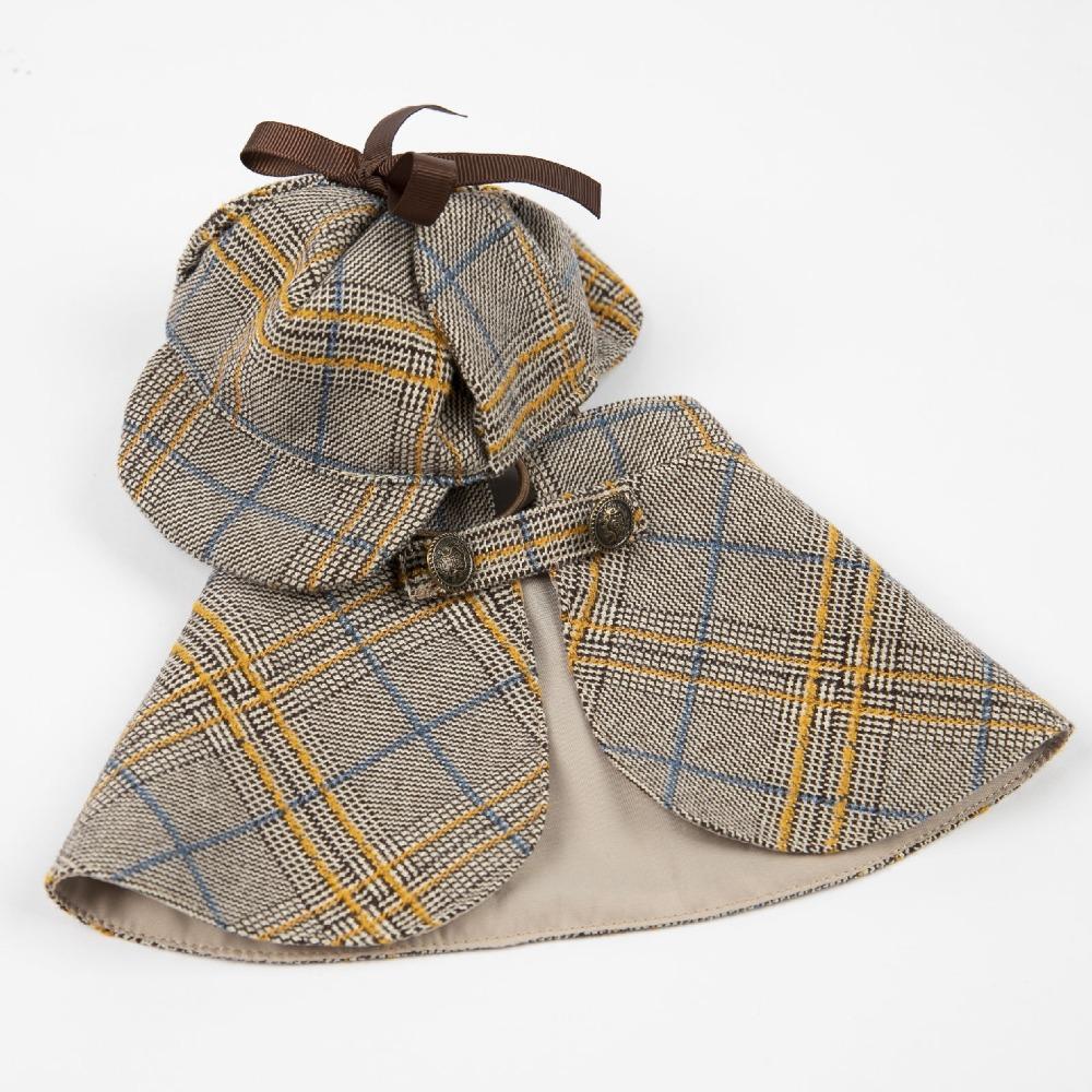 

British Style Knit Plaid Pet Cloak Cape Set ,Detective Costume for Dog Cat Warm Winter——Halloween Costume Outfit with Hat S