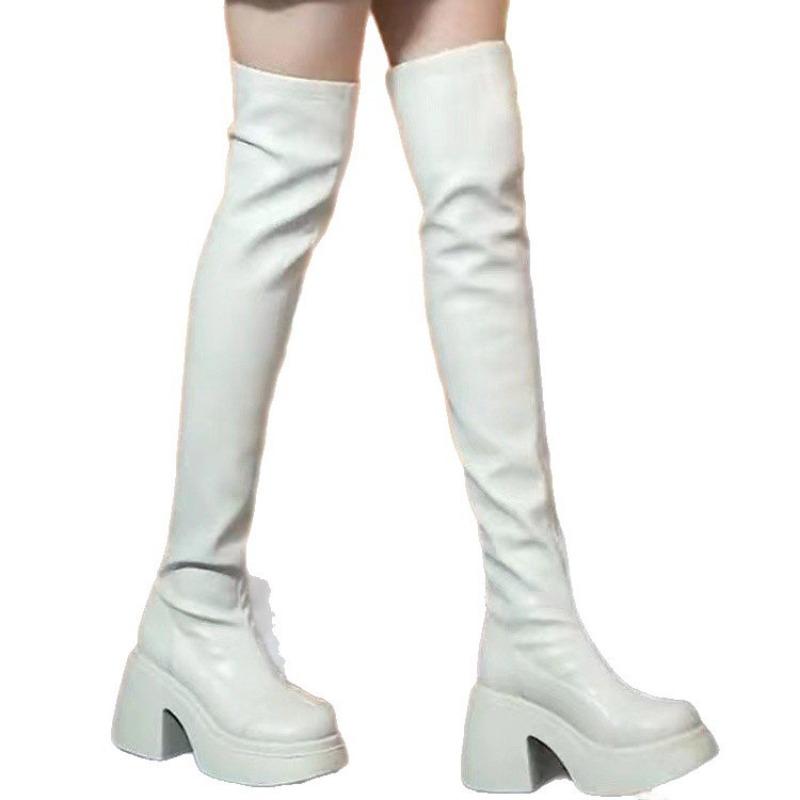 Cizme cu toc înalt cu talpă groasă și vârf rotund pentru femei, cizme elastice, toamnă și iarnă, noi, versatile și subțiri, temperament subțire, cizme peste genunchi