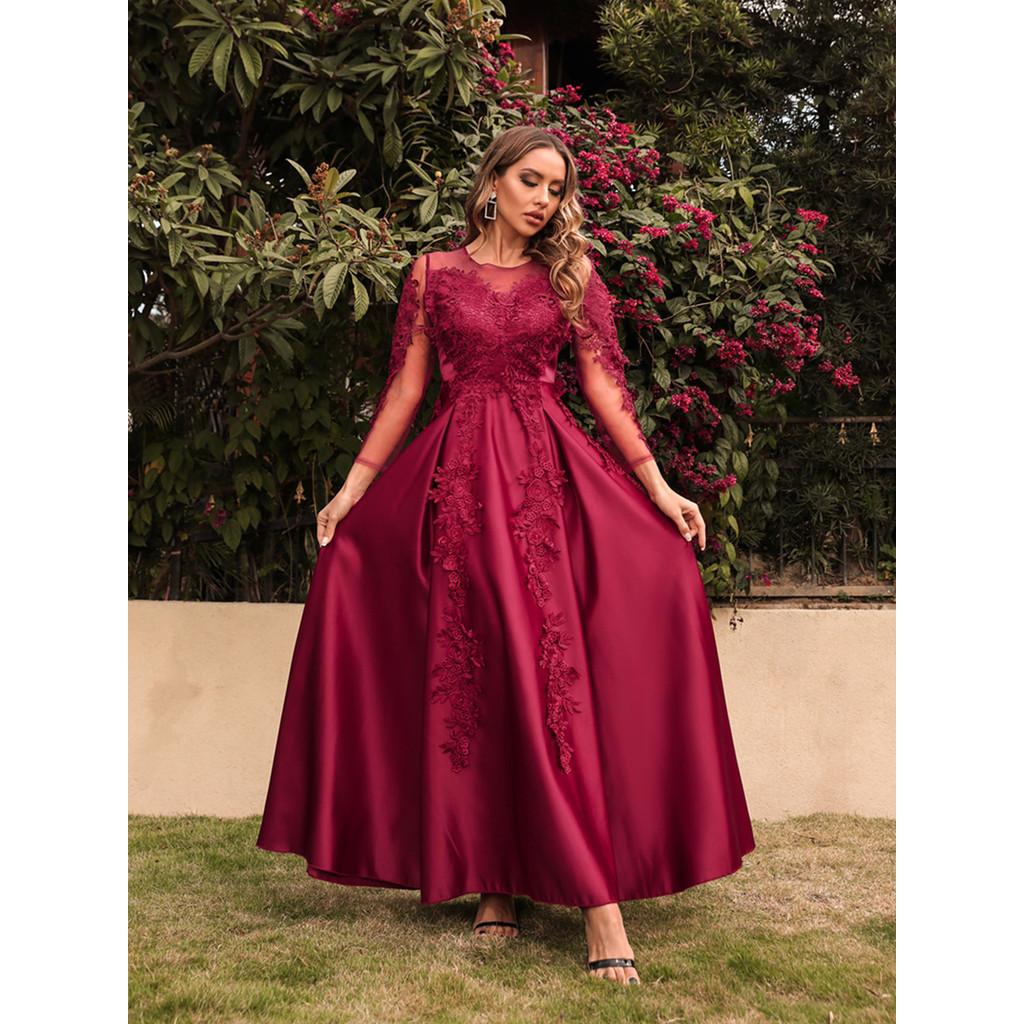 Damen Elegantes Rundhals-Spitzen-Falten-Langarm-Braut-Brautjungfern-Hochzeits-Langkleid Wunderschönes Party-Maxi-Ballkleid