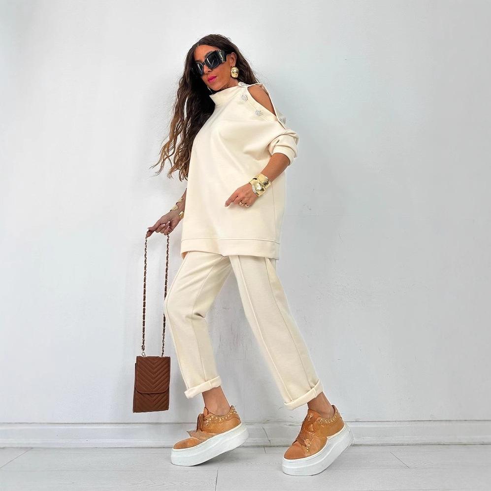 A New Autumn and Winter Fashion Casual Set for Women, A Solid Color Long-sleeved Shirt, Long Pants and Stand-up Collar Two-piece Set