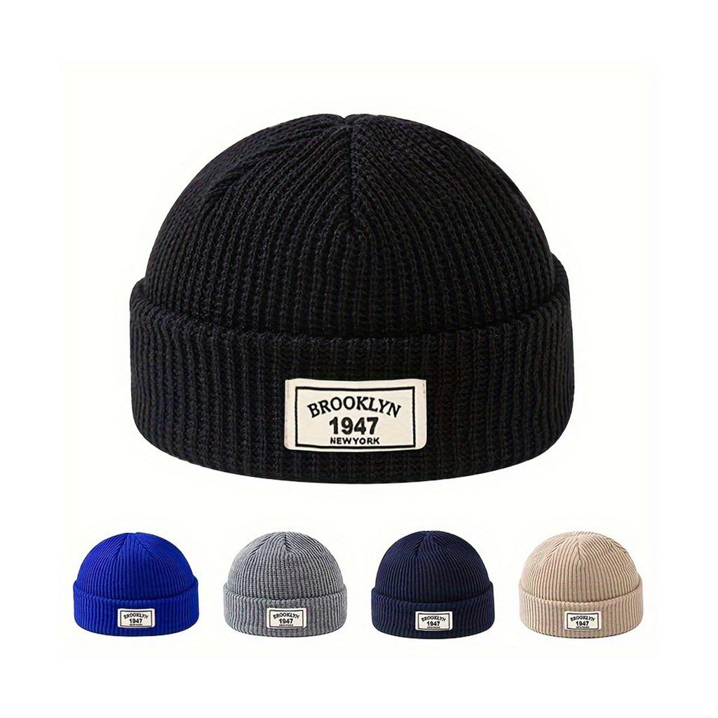 Winter Docker Cap for Women Men Retro Letter Beanie Cap Unisex Solid Color Warm Knitted Wool Pullover Hats