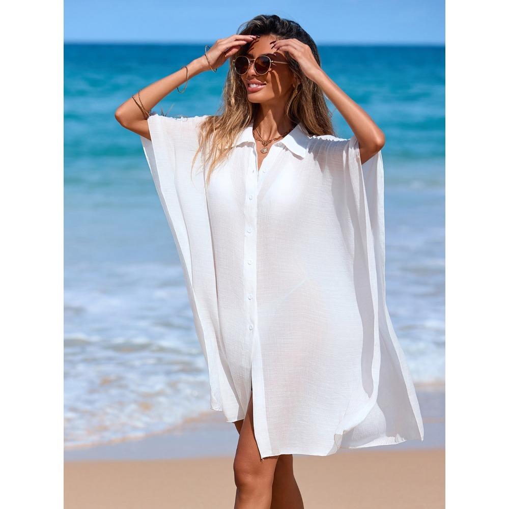Strand-Überwurf mit Polokragen, Strandrock Chiffon-Oberteil, Lockeres kurzärmeliges Bikini-Oberteil