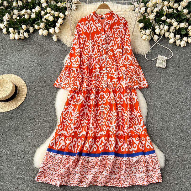 

Women s Clothing Fashion Loose Long Flared Sleeves Early Spring Skirt Orange One size