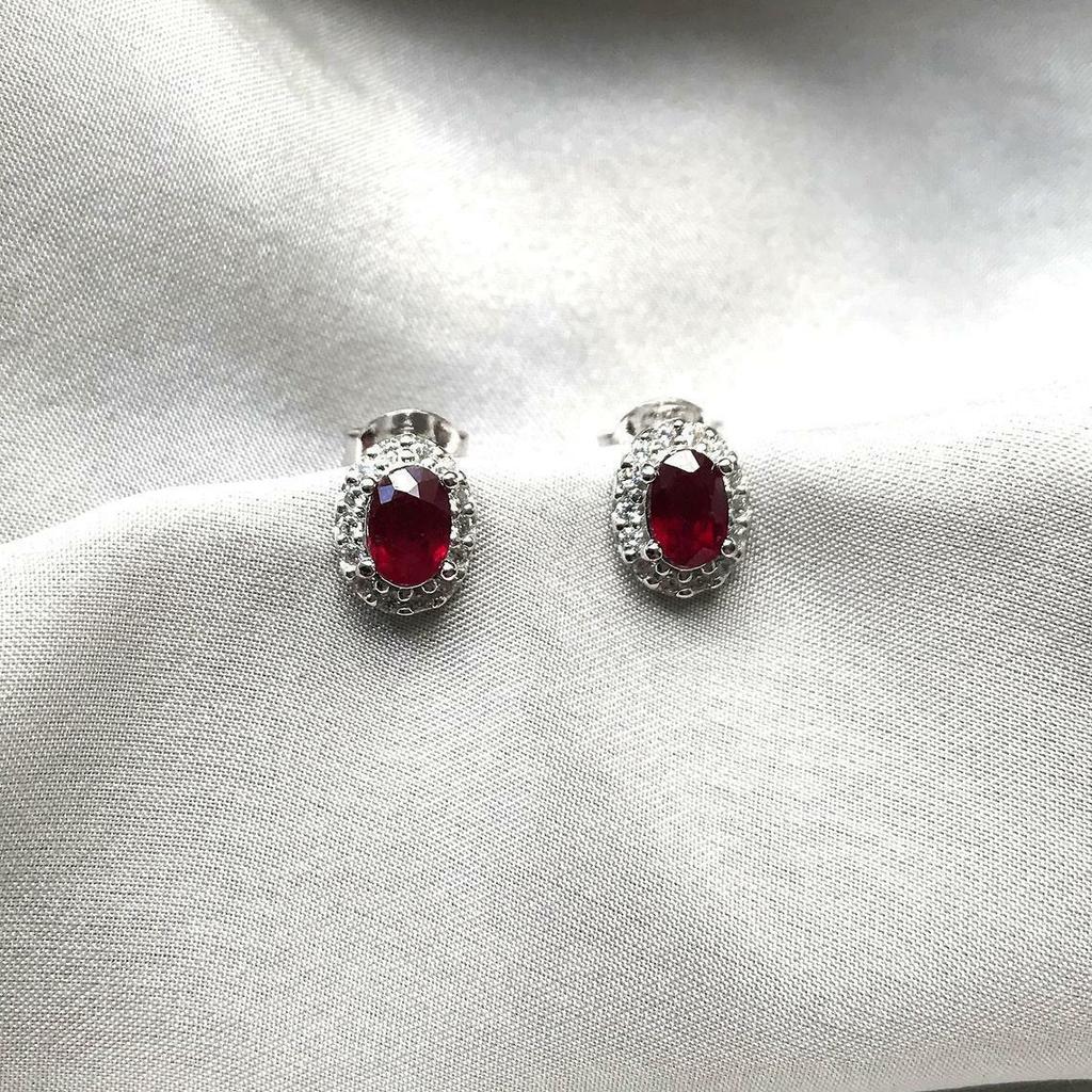 Ekte Ruby Halo Oval Stud øredobber Håndlagde Sterling sølv smykker for elskede