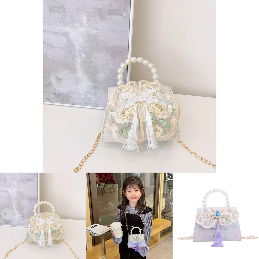 Lovely Geometric Patterned Shoulder Bag For Kids Featuring Chic Tassels And Elegant Pearls