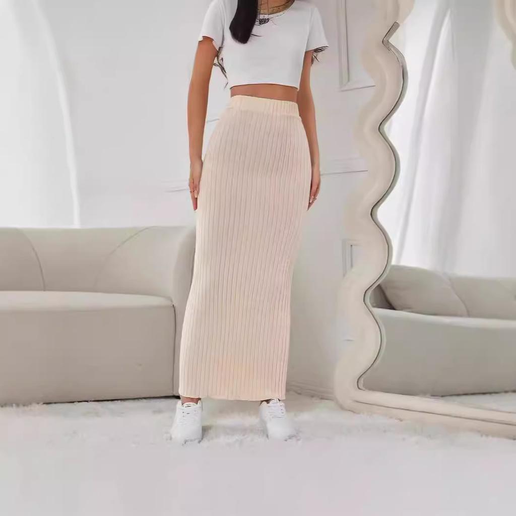 Women's High Waist Midi Skirt Pencil Skirt Stretch Ribbed Knit Bodycon Long Skirt