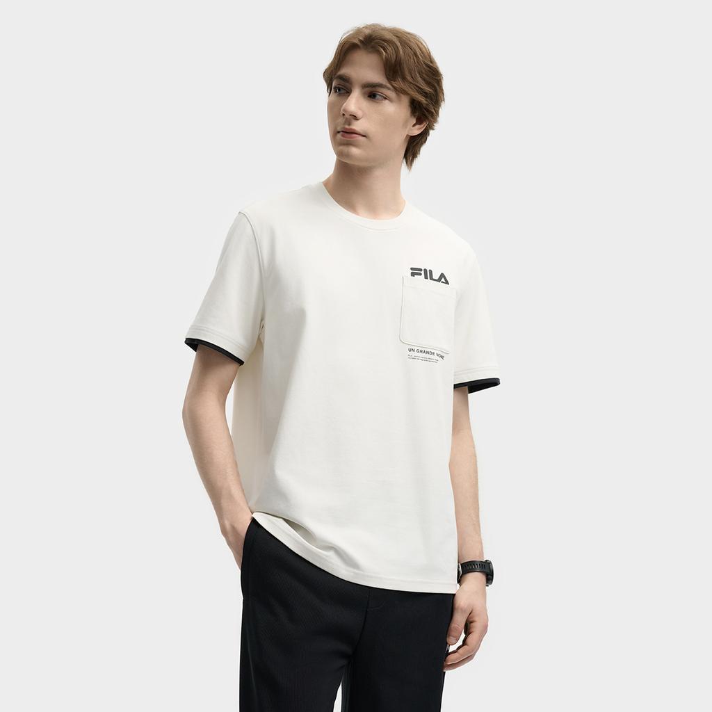 FILA ORIGINALE T Shirts Men's Pudding Cream White IV Crew Neck Moderate Straight Fit F11M539112F-IV