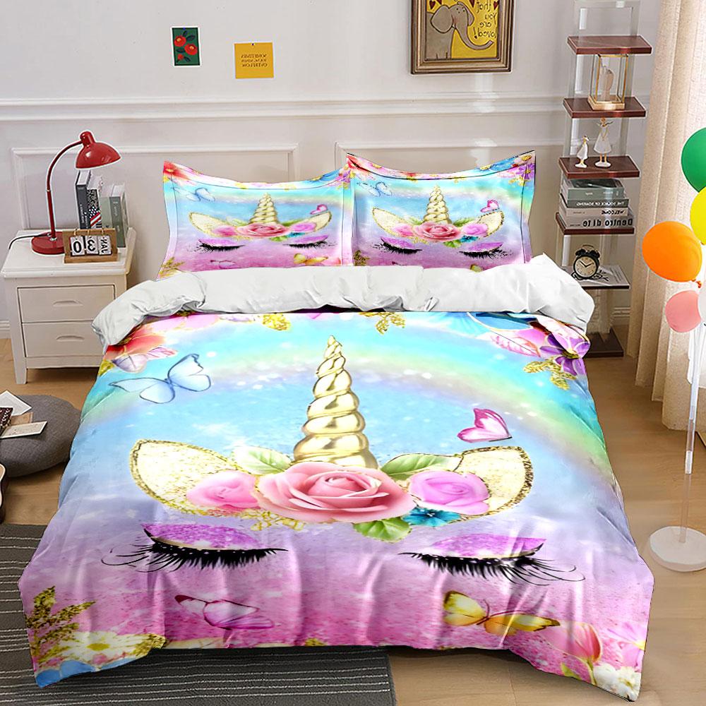 3Pcs Glitter Floral Unicorn Face Duvet Cover Set Rainbow Pastel Girly Bedding Includes 1 Duvet Cover And 2 Pillowcase Gift