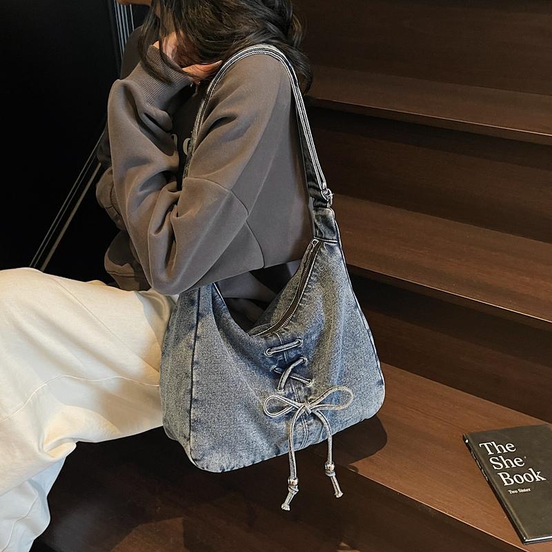 Borsa a tracolla in denim da donna con fiocco Borsa a spalla da pendolare Borsa sotto l'ascella