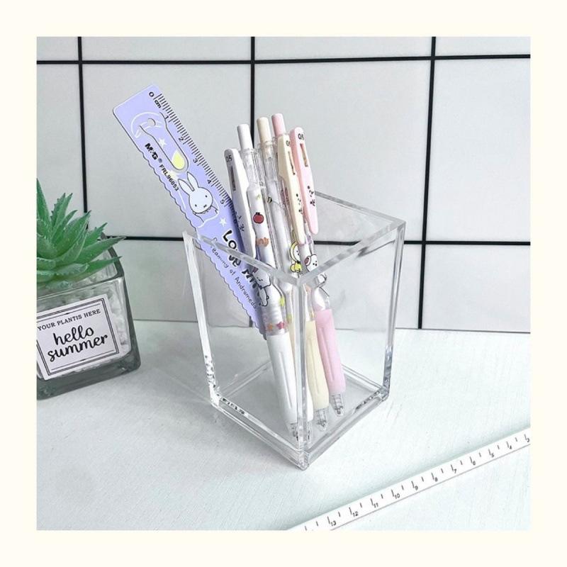 Clear Pen Holder Box Make Up Brush Bucket Cosmetic Organizer Student Desk Pen Container Storage Box 3 Grids Plastic