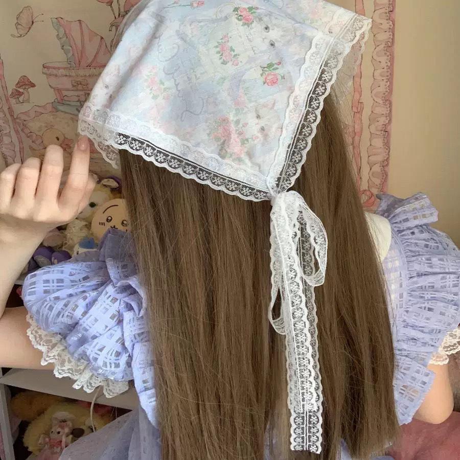 French Blue Plaid Lace Triangle Scarf Headband - Pastoral Style Women's Hair Accessory with Seaside Vibe