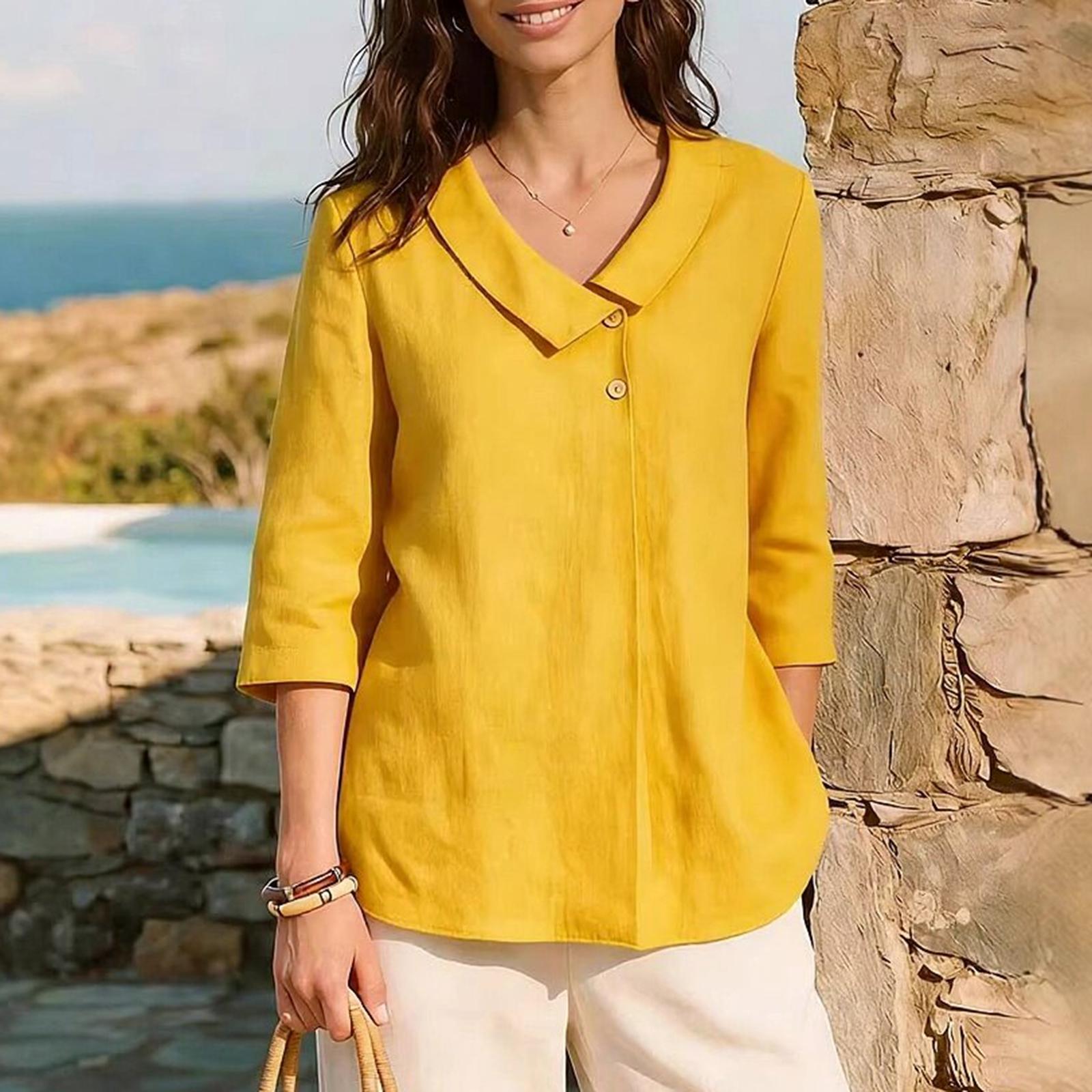 

Women s Full-length 3/4 Sleeve -color V-neck Fashionable Top XL жовтий