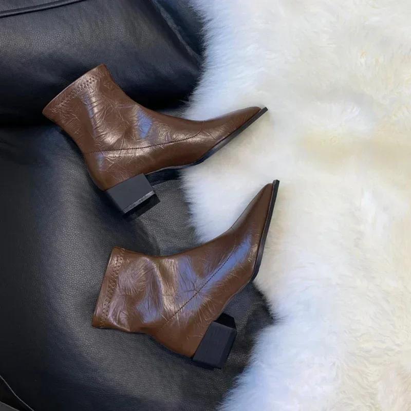 Fashion Pointed Toe Women Ankle Boots Fashion Thick Heel Slimming Short Booties Autumn Winter Soft Leather Female Shoes