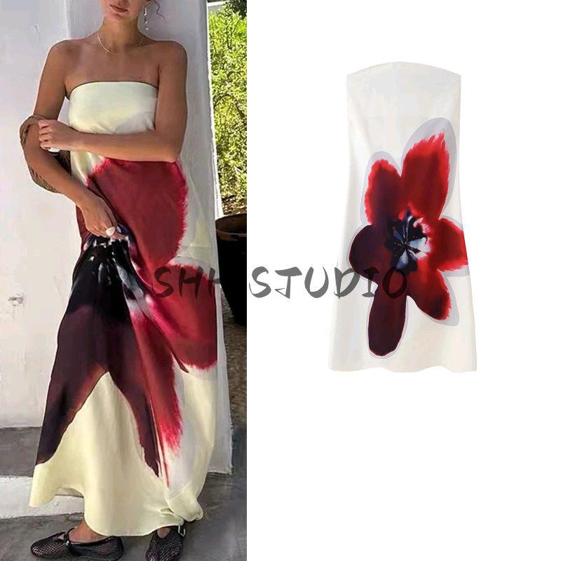 Spring New Women's Clothing Fashion Style off-Neck Sleeveless Sexy Tube Top Print A- line High Waist Long Dress