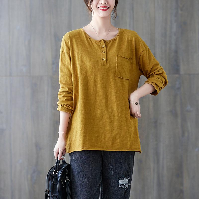 

Весна 2024 года. Пуловер из хлопка и льна на пуговицах больших размеров — свободная, удобная, утягивающая футболка с круглым вырезом для женщин L жёлтый