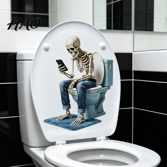 Self Adhesive PVC Wall Decals Funny Skeleton Toilet Cover Sticker, Self-Adhesive Waterproof Sitting On Decorative Ceramic Tile Stickers Seat