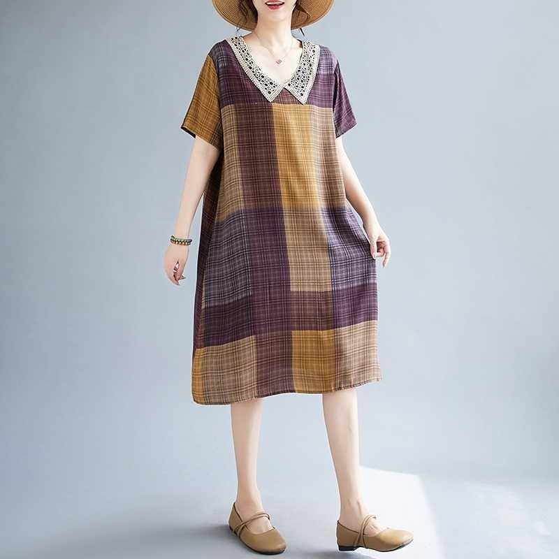 Summer Women's Literary Small Lapel Plaid Floral Dress Short Covered Flesh Skinny Skirt