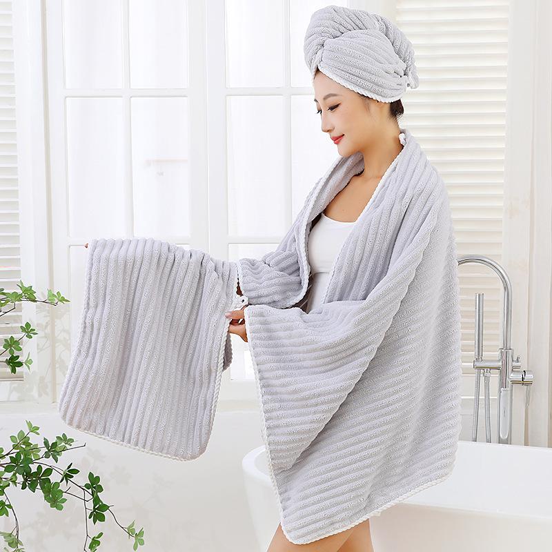 Candy Stripe Coral Fleece Bath Towel for Women - Thick, Absorbent, Quick-Dry Hair Cap