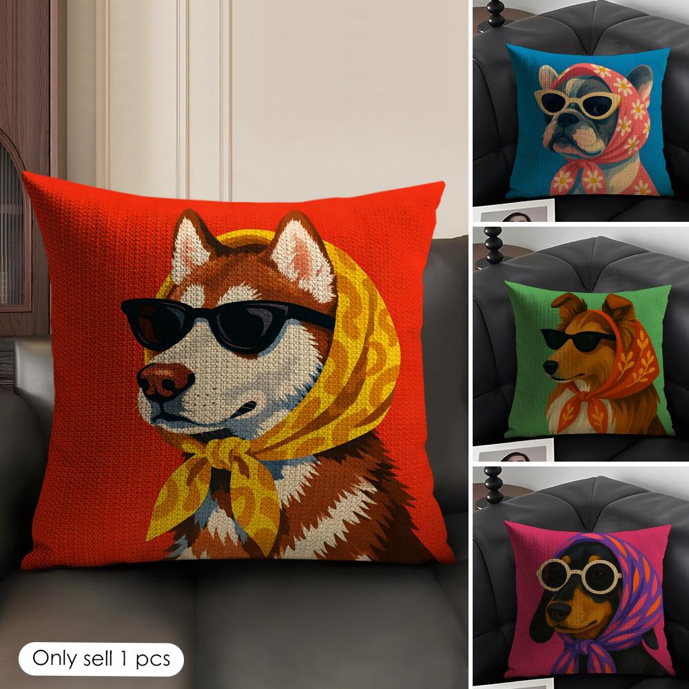 Dog Wearing A Hat Cushion Cover Summer Breathable Linen Organic Fabric Double-Sided Printing Sofa Pillow Case Home Decor