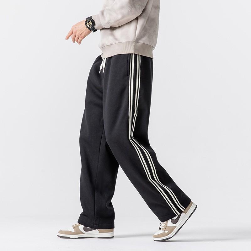 Unisex Winter Warm Fleece-Lined Straight Leg Stripe Pants Streetwear Casual Trousers Teens