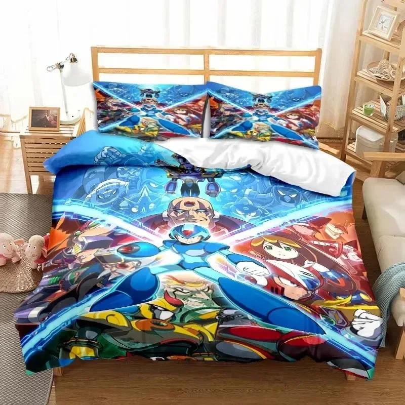 Rockman Megaman Game Cartoon Bedding Set Printed With Pillowcase Bed Duvet Cover Soft Queen King Size Bedclothes Home Boys Gift