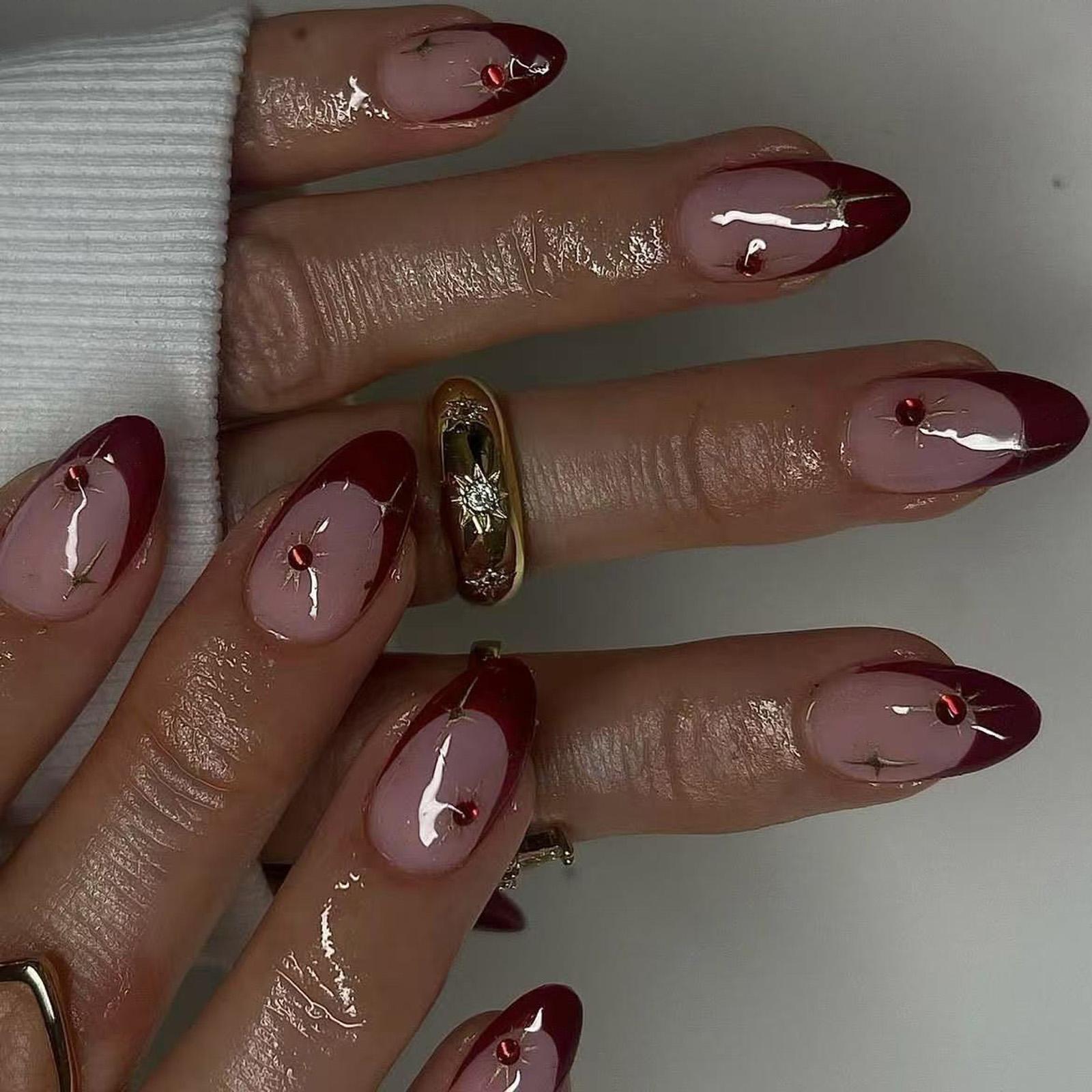 

Винно-красные накладные ногти миндалевидной формы, глянцевые самоклеящиеся ногти с полным покрытием, акриловые самоклеящиеся накладные ногти для женщин